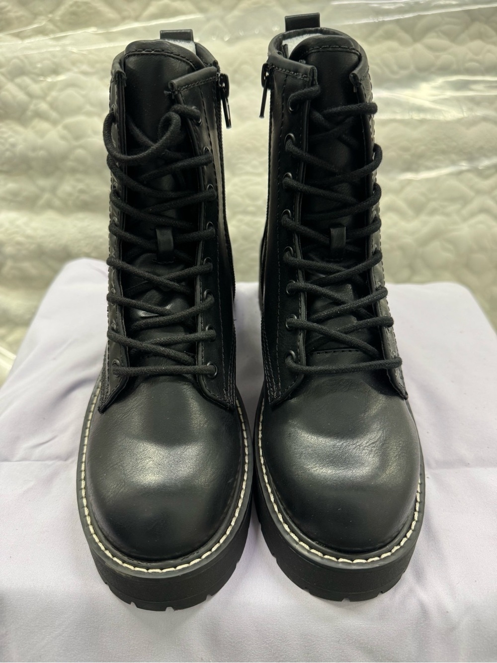 Madden Girl Black Lace-Up Combat Boots with Contrast Stitching